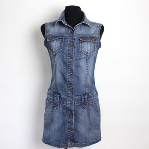 Vintage blue Mini Denim Dress / Denim Button Down Dress / Blue Sleeveless Denim / Denim Overall