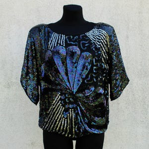 Vintage Sequin Embroidered Blouse women's / black Sequin Oversize Top women's / Festival Top women's / Dance Party Top