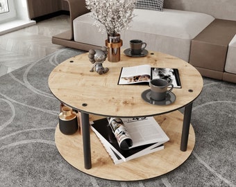 Violaura Masivo Round Coffee Table, Top Rated, Stylish, Natural Color Mini Table, L70cm x W70cm x H38cm, Modern Living Room Decor