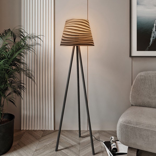 Violaura Novi Tripod Floor Lamp, Durable Sand Wave Pattern Lampshade, Modern Natural Light, L50cm x W50cm x H142cm, Perfect for Any Room