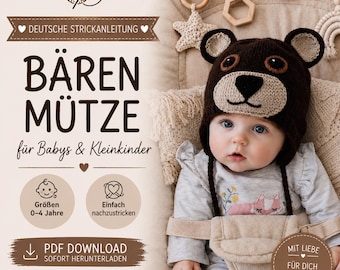 Deutsche Strickanleitung Bären Mütze als PDF Download, Strick Anleitung Mütze, stricken Mütze, Kinder Mütze stricken, Anleitung Kinder Mütze