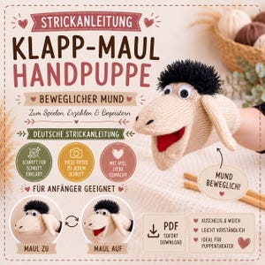 May include: A knitted hand puppet with a moving mouth, designed as a sheep with black hair and a red mouth. The image includes German text, indicating a knitting pattern for beginners, with step-by-step instructions and photos.