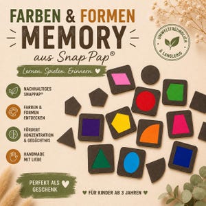 Könnte beinhalten: Ein farbenfrohes Memory-Spiel mit geometrischen Formen in verschiedenen Farben, darunter Rosa, Rot, Grün und Blau. Die Spielsteine sind auf hellem Hintergrund angeordnet. Der Text auf dem Bild lautet "FARBEN & FORMEN MEMORY aus Snap Pap®".