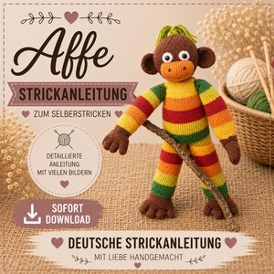Op de afbeelding: Een gebreide aap met gestreepte armen en benen in geel, oranje, rood en groen. De aap houdt een stok vast en heeft bruine handen, voeten en oren. De afbeelding bevat Duitse tekst: "Affe Strickanleitung" en "Deutsche Strickanleitung".