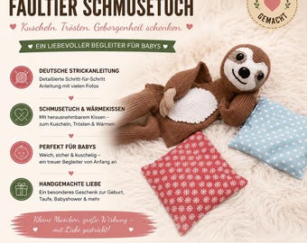 May include: A knitted brown sloth toy with a white patch on its belly, alongside two small cushions. One cushion is red with white floral patterns, the other is light blue with white stars. German text is visible in the image.
