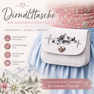 Könnte beinhalten: Hellgraue Filz-Dirndl-Tasche mit Berg- und Herzschlag-Design, verschlossen mit einem herzförmigen Verschluss. Die Tasche wird an einem blauen Rock getragen, mit Text, der "Tradition trifft Moderne" und "für besondere Momente" lautet.