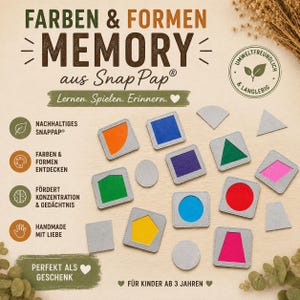 Könnte beinhalten: Ein farbenfrohes Memory-Spiel mit geometrischen Formen und dem Text "FARBEN & FORMEN MEMORY aus Snap Pap". Das Spiel enthält Quadrate, Kreise und andere Formen in verschiedenen Farben. Geeignet für Kinder ab 3 Jahren. Fördert die Konzentration.