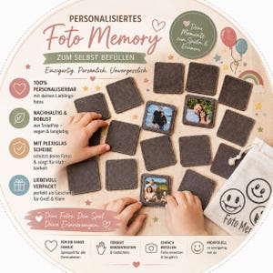 Könnte beinhalten: Ein personalisiertes Foto-Memory-Spiel mit grauen quadratischen Kacheln. Das Spiel enthält ein Set von Kacheln mit Platz für Fotos, einen kleinen Beutel und den Text "Foto Memory". Das Spiel ist für persönliche Fotos konzipiert.