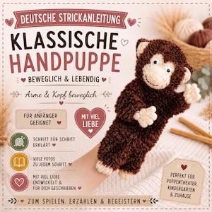 May include: A knitted brown monkey hand puppet with a cream-colored face, hands, and feet. The puppet has a friendly expression and is designed to be movable. Text on the image reads "Classic Hand Puppet" and "Suitable for Beginners."