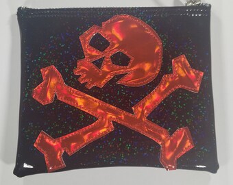 MAKE UP BAG Black Hologram Glitter vinyl with Red Hologram Skull & Bones
