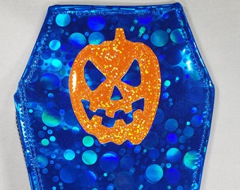 SUN/EYEGLASS CASE Blue Bubble Hologram Vinyl with an Orange Hologram Glitter Pumpkin