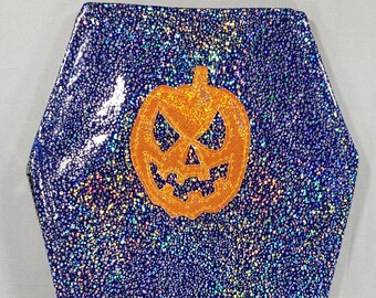 SUN/EYEGLASS CASE Blue Stone Glitter Vinyl with an Orange Hologram Glitter Pumpkin