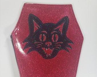 SUN/EYEGLASS CASE Dark Pink Matte Metalflake Vinyl with a Black Hologram Glitter Cat Face