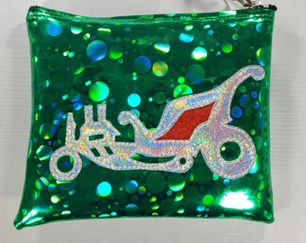 MAKE UP BAG Green Bubble Hologram vinyl with Silver Hologram Glitter & Red Hot Rod Sled