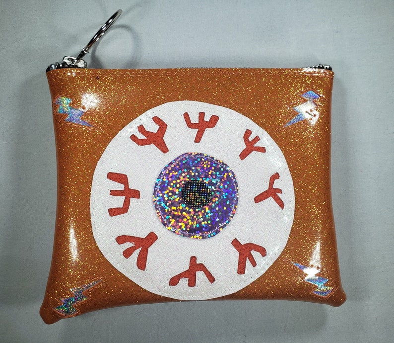 MAKE UP BAG Orange Metalflake vinyl with Lilac Hologram Glitter Eyeball & Silver Hologram Glitter bolts image 1