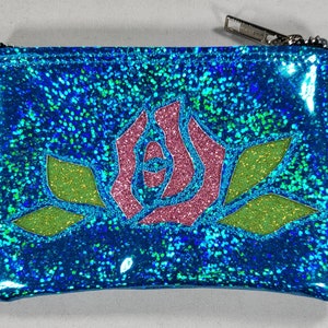 COIN PURSE Turquoise Hologram Glitter vinyl with a Pink Matte Metalflake Rose and Lime Leaves image 1