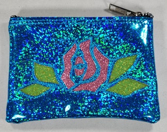 COIN PURSE Turquoise Hologram Glitter vinyl with a Pink Matte Metalflake Rose and Lime Leaves