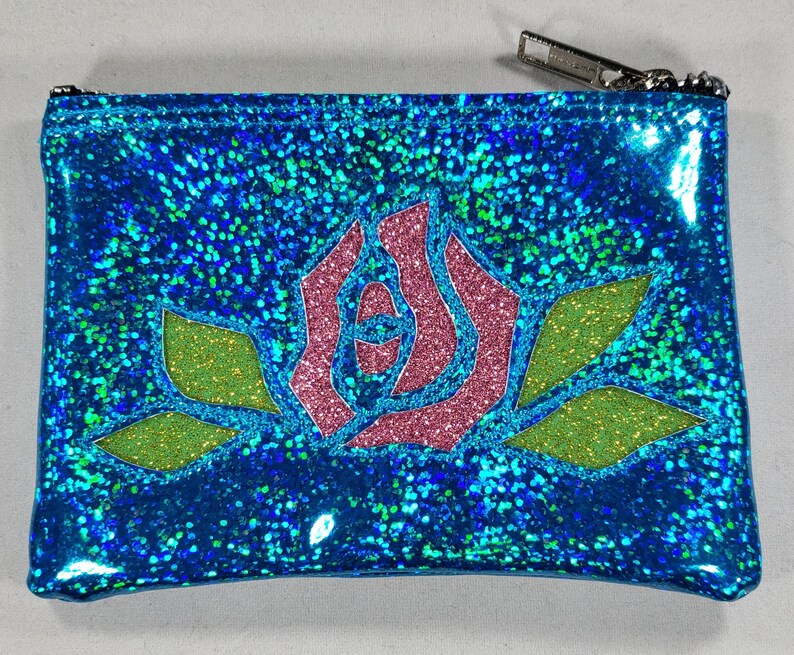 COIN PURSE Turquoise Hologram Glitter vinyl with a Pink Matte Metalflake Rose and Lime Leaves image 1