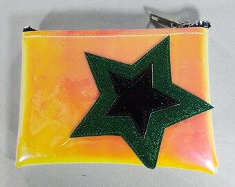 COIN PURSE Yellow/ Pink Hologram vinyl with Green/ Black hologram Glitter Stars