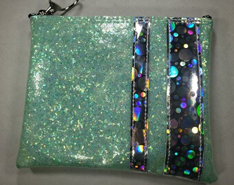 MAKE UP BAG Seafoam Iridescent Glitter vinyl with Silver Bubble Hologram Stripes