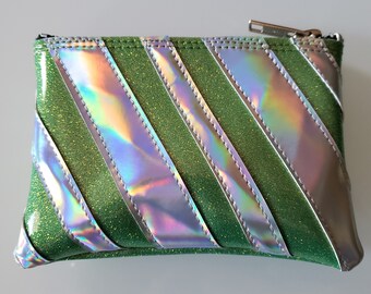 COIN PURSE Light Green Metalflake Vinyl with Silver Hologram Candy Cane Stripes