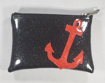 COIN PURSE Black Metalflake vinyl with Red Metalflake Vinyl Anchor