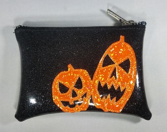 COIN PURSE black Metalflake vinyl with orange hologram glitter pumpkins
