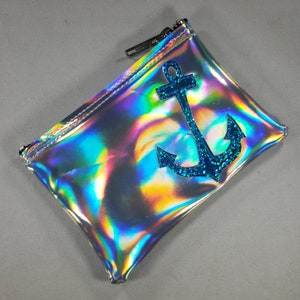 COIN PURSE Silver Hologram vinyl with Turquoise Hologram Glitter Anchor image 2