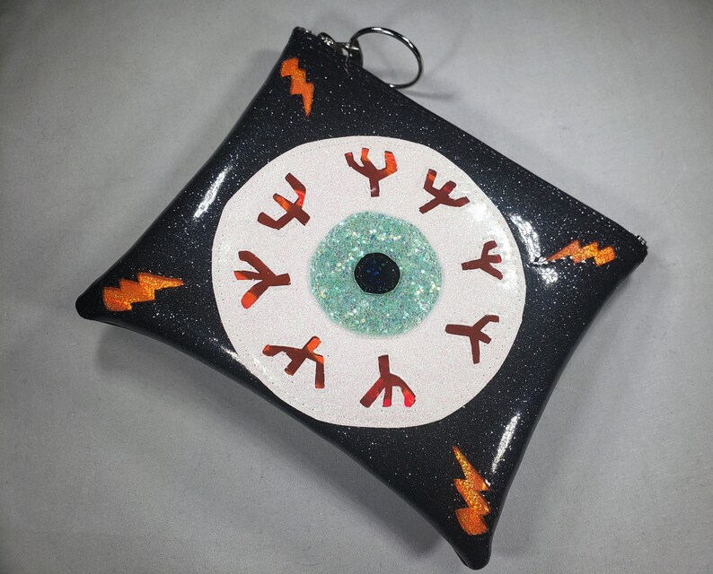 MAKE UP BAG Black Metalflake vinyl with Seafoam Iridescent glitter eyeball & Orange hologram glitter bolts afbeelding 3