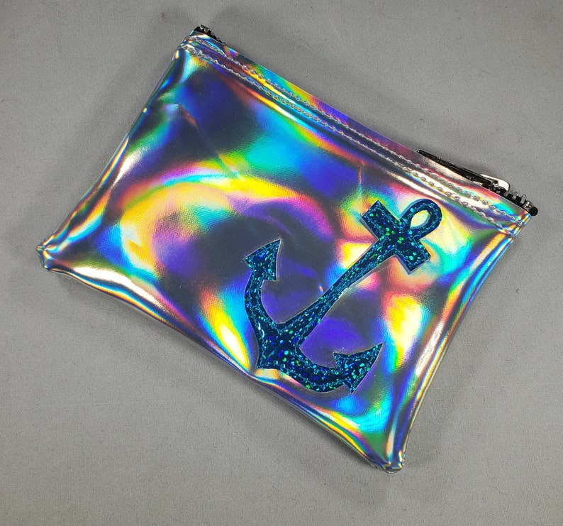 COIN PURSE Silver Hologram vinyl with Turquoise Hologram Glitter Anchor image 3