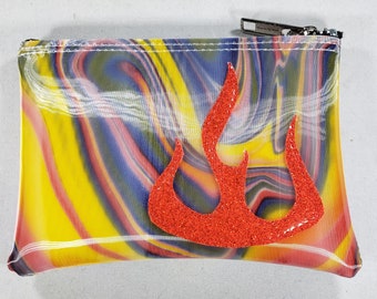 COIN PURSE Blue/ Yellow Swirl vinyl with a Red Metalflake Flame