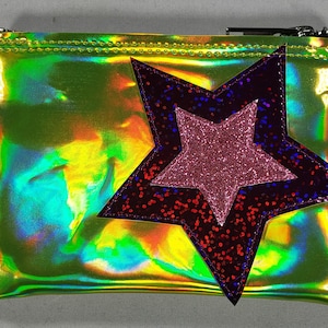 COIN PURSE Yellow Hologram w/ Purple Hologram glitter & Pink Matte Vinyl Stars image 1