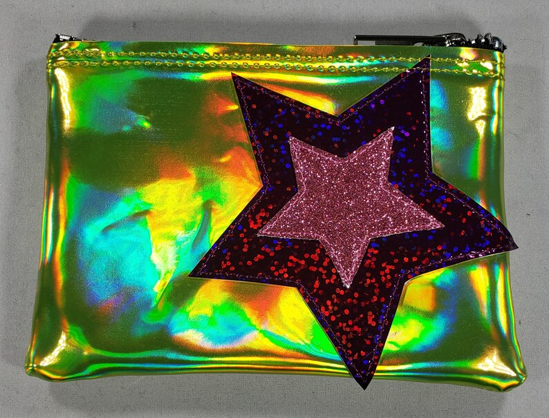 COIN PURSE Yellow Hologram w/ Purple Hologram glitter & Pink Matte Vinyl Stars image 1