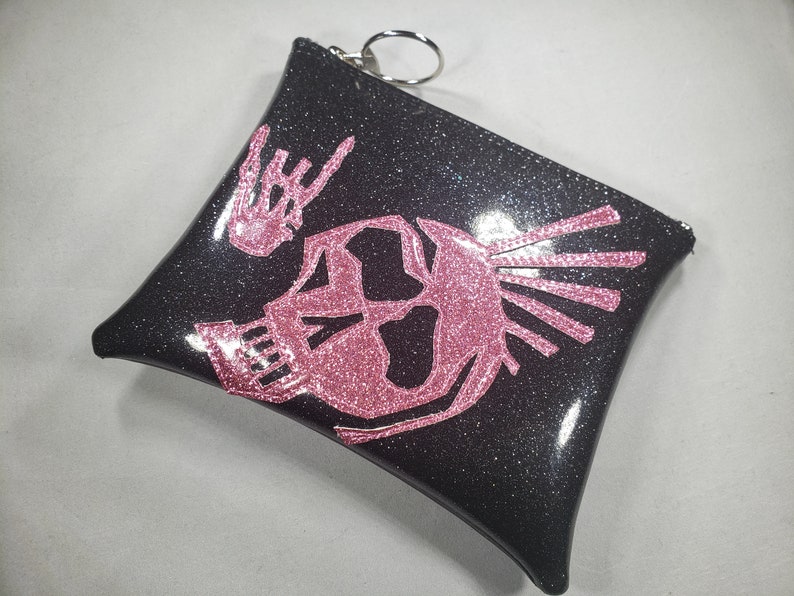 MAKE UP BAG Black Metalflake vinyl with Pink Matte Mohawk Skull image 2