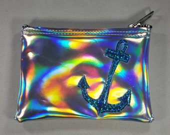 COIN PURSE Silver Hologram vinyl with Turquoise Hologram Glitter Anchor