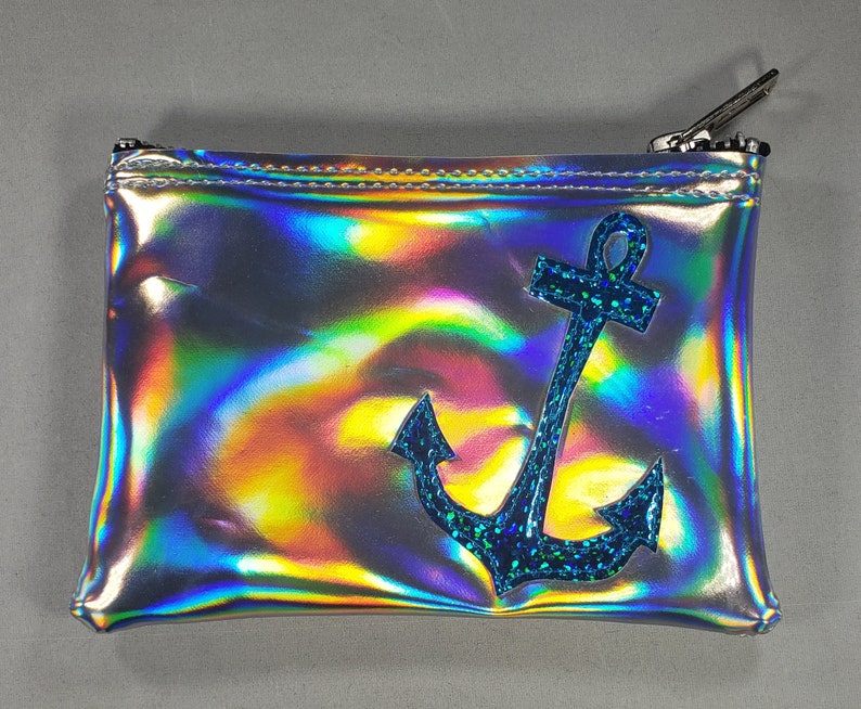 COIN PURSE Silver Hologram vinyl with Turquoise Hologram Glitter Anchor image 1