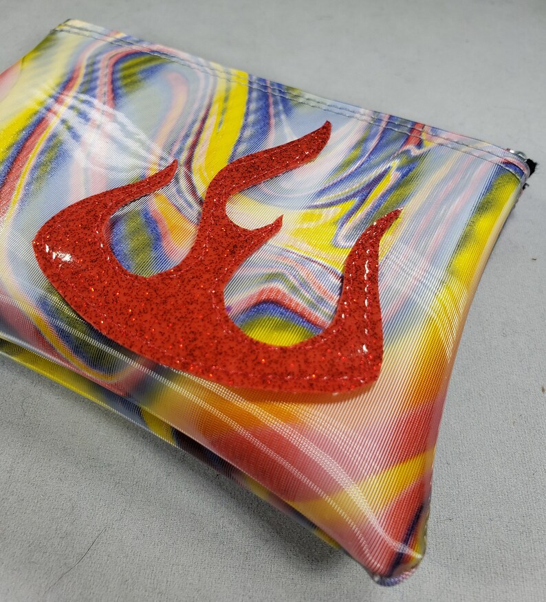 COIN PURSE Blue/ Yellow Swirl vinyl with a Red Metalflake Flame image 4