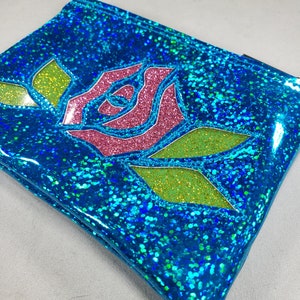 COIN PURSE Turquoise Hologram Glitter vinyl with a Pink Matte Metalflake Rose and Lime Leaves image 4