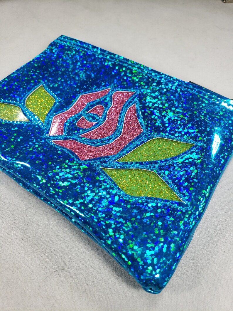 COIN PURSE Turquoise Hologram Glitter vinyl with a Pink Matte Metalflake Rose and Lime Leaves image 4