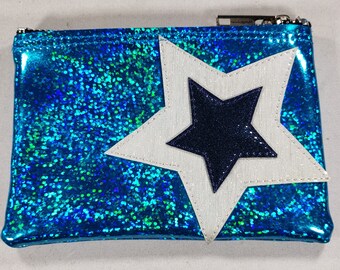 COIN PURSE Turquoise Hologram Glitter Vinyl with Silver Stripe & Navy-Blue Metalflake Vinyl Stars