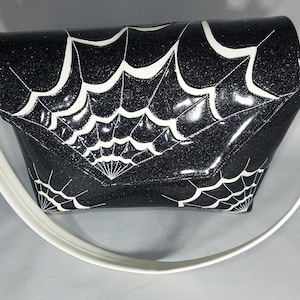 SMALL HANDBAG Black Metalflake vinyl with White Glow-in-the-dark spiderwebs