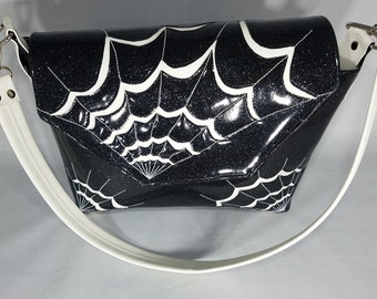 SMALL HANDBAG Black Metalflake vinyl with White Glow-in-the-dark spiderwebs