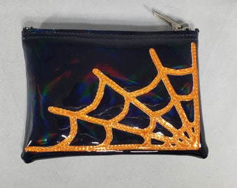 COIN PURSE Black Hologram Vinyl w/ Orange Hologram Glitter Spiderweb