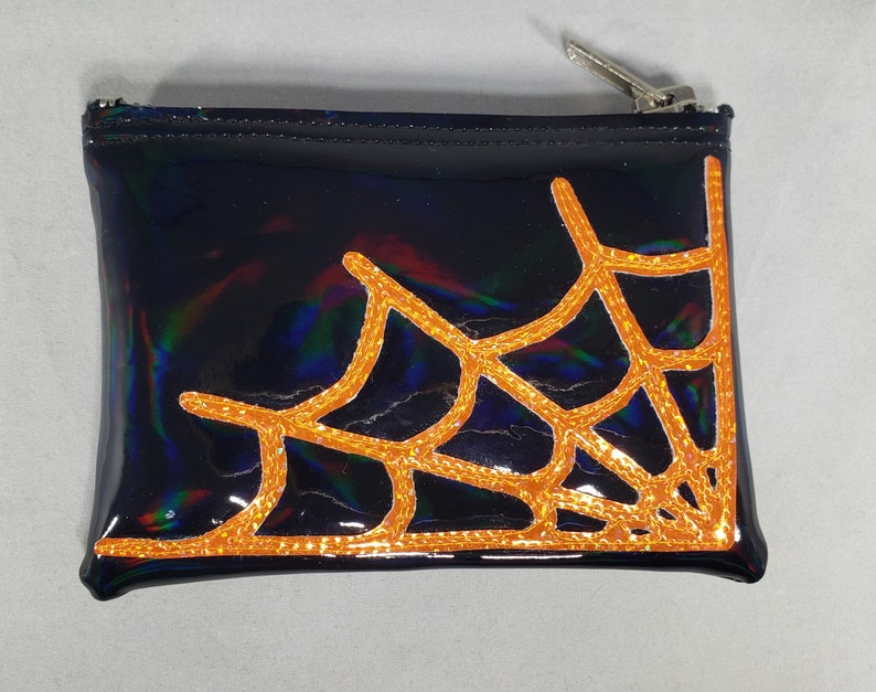 COIN PURSE Black Hologram Vinyl w/ Orange Hologram Glitter Spiderweb image 1