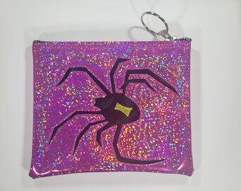 MAKE UP BAG Pink Hologram glitter Vinyl w/ Black Hologram & Lime Matte Metalflake Spider