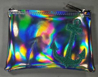 COIN PURSE Silver Hologram vinyl with Ocean Green Vinyl Anchor