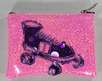 COIN PURSE Neon Pink Stone Glitter Vinyl with Lilac Bubble Hologram Roller Skate