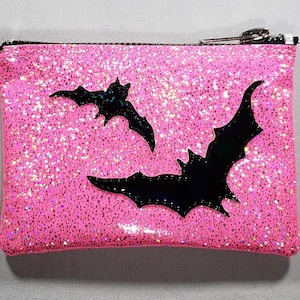COIN PURSE Neon Pink Stone Glitter vinyl with a Black Hologram Bats