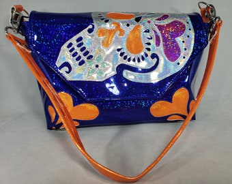 SMALL HANDBAG Dark Blue Hologram Glitter Vinyl with Multicolor Sugar Skull