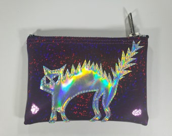 COIN PURSE Purple Hologram Glitter Vinyl with Silver Hologram Scary Cat